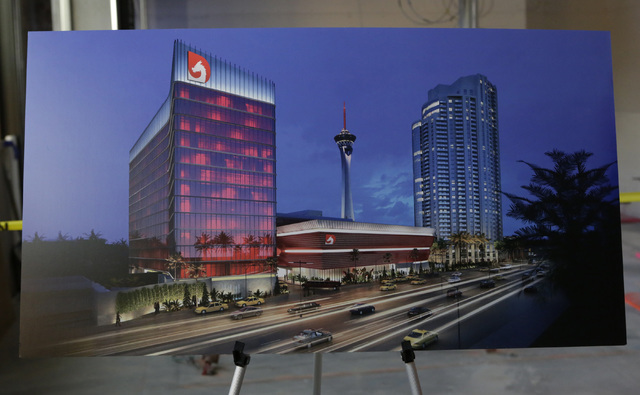 Artist's rendering of the under-construction of Lucky Dragon hotel-casino is displayed during the hard hat tour at 300 W. Sahara Ave., on Thursday, July 7, 2016. Bizuayehu Tesfaye/Las Vegas Review ...