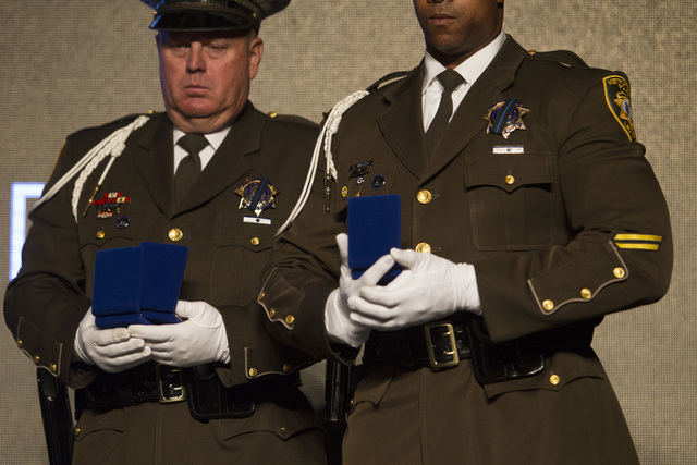 Members of the Las Vegas Metropolitan Honor Guard are seen on stage during Metro’s fourth annual Best of the Badge Gala held at Red Rock Resort Spa and Casino in the Summerlin area of Las Vegas ...
