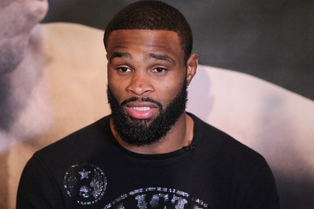 Tyron Woodley is interviewed during media day for the upcoming Ultimate Fighting Championship 183 at the MGM Grand casino-hotel in Las Vegas Thursday, Jan. 29, 2015. Woodley is scheduled to fight  ...