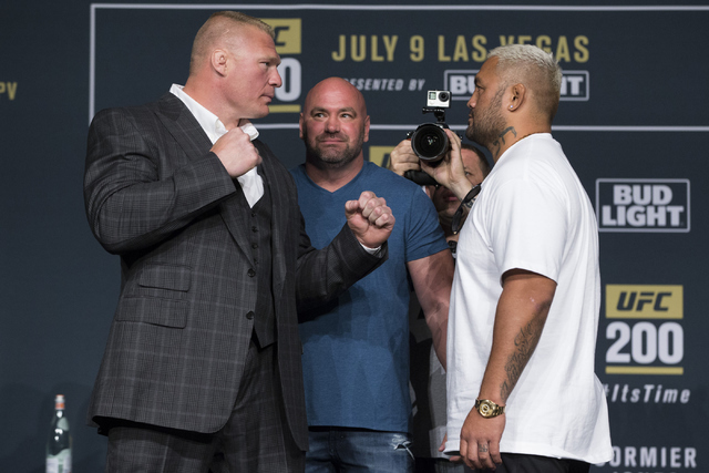 Brock Lesnar, left, and Mark Hunt pose during the UFC 200 press conference at MGM Grand hotel-casino on Tuesday, July 5, 2016, in Las Vegas. Erik Verduzco/Las Vegas Review-Journal Follow @Erik_Ver ...