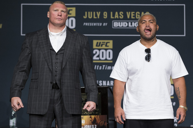 Brock Lesnar, left, and Mark Hunt pose during the UFC 200 press conference at MGM Grand hotel-casino on Tuesday, July 5, 2016, in Las Vegas. Erik Verduzco/Las Vegas Review-Journal Follow @Erik_Ver ...