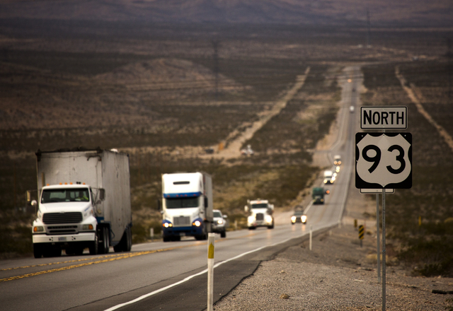Vehicles travel along U.S. Highway 93 at Apex on Wednesday, Dec. 9, 2015. Gov. Brian Sandoval will announce Thursday in Las Vegas that the electric car maker Faraday Future will build its $1 billi ...