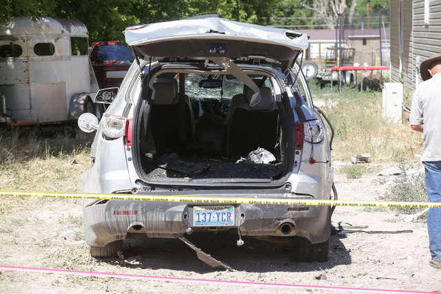 Damage to a car from the Wednesday night bombing that killed one person in Panaca, Nev., is seen on Friday, July 15, 2016. (Brett Le Blanc/Las Vegas Review-Journal Follow @bleblancphoto)