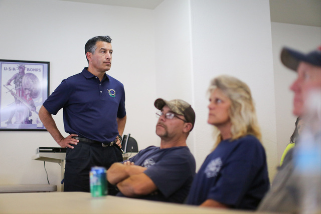 Nevada Governor Brian Sandoval speaks to volunteer community emergency responders on Friday, July 15, 2016, about their response to the Wednesday night bombing that killed one at the volunteer fir ...