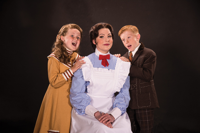 "Practically Perfect" nanny Mary Poppins (Elizabeth Broadhurst), center, works her magic on new charges Jane (Mila Belle Howells), left and Michael Banks (Andrew Barrick) in the Utah Shakespeare F ...