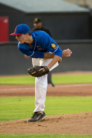 Las Vegas Aces pitcher Brett Brocoff pitches against the Southern Nevada Blue Sox at the Ear ...