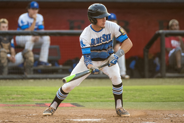 Southern Nevada Blue Sox infielder Trent Bixby bunts against the Las Vegas Aces at the Earl ...