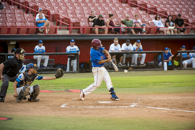 Las Vegas Aces first base Isaiah Ralano (18) swings at a pitch while playing against the Sou ...