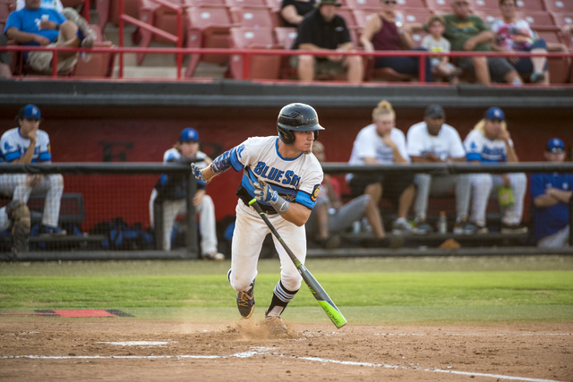 Southern Nevada Blue Sox infielder Trent Bixby runs against the Las Vegas Aces at the Earl E ...