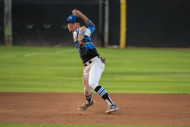 Southern Nevada Blue Sox infielder Trent Bixby throws the ball while playing the Las Vegas A ...
