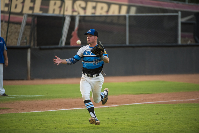Southern Nevada Blue Sox infielder Trent Bixby catches a ball while playing the Las Vegas Ac ...