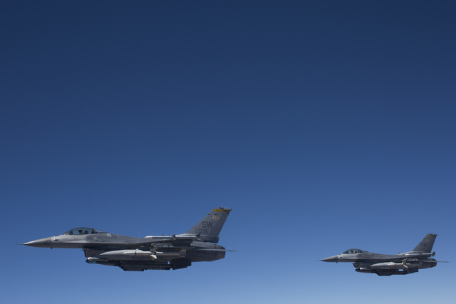 F-16Cs from the 79th Fighter Squadron fly in formation over Southern Nevada during a Red Flag exercise on Wednesday, July 20, 2016. (Brett Le Blanc/Las Vegas Review-Journal) Follow @bleblancphoto