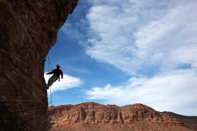 Bill Bjorge of Santa Cruz, Calif., ascends "Cannibal Boulder," a grade 5.11, at Red Rock Canyon Conservation Area Sunday, March 13, 2016. "We drove 8 hours to Red Rock just to climb," said Bjorge. ...