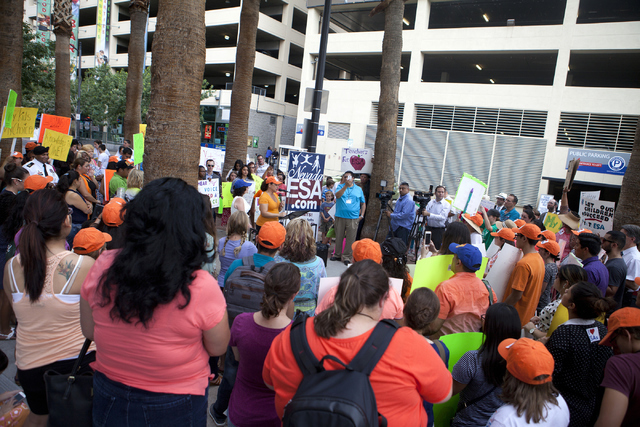 A group of protesters gather in support of the Senate Bill 302 on Friday, June 29, 2016 at the Regional Justice Center in Las Vegas. (Loren Townsley/Las Vegas Review-Journal Follow @lorentownsley)