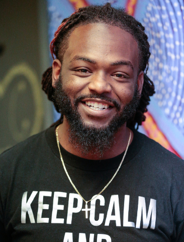 Nevada's Battle Born poetry slam team member Darelle "RelldaTruth" Davis, poses for a photo before the start of the slam event at The Beat in downtown Las Vegas Friday, July 8, 2 ...