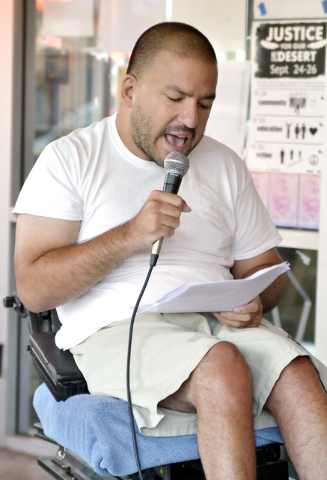 Nathan Say does a reading during a poetry slam sponsored by the Battle Born slam poetry team at The Beat Coffeehouse and Records at 520 Fremont St. in Las Vegas on Friday, July 22, 2016. Bill Hugh ...