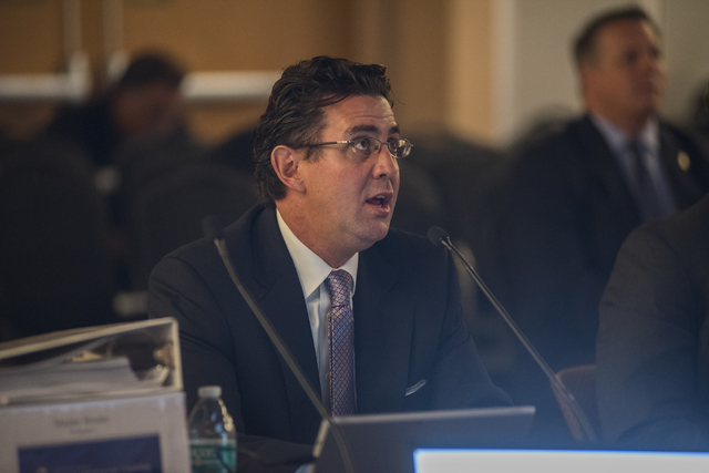 Principle analyst of Applied Analysis, Jeremy Aguero, speaks at the Southern Nevada Tourism Infrastructure Committee during a meeting about potential stadium sites at the UNLV Stan Fulton-Internat ...