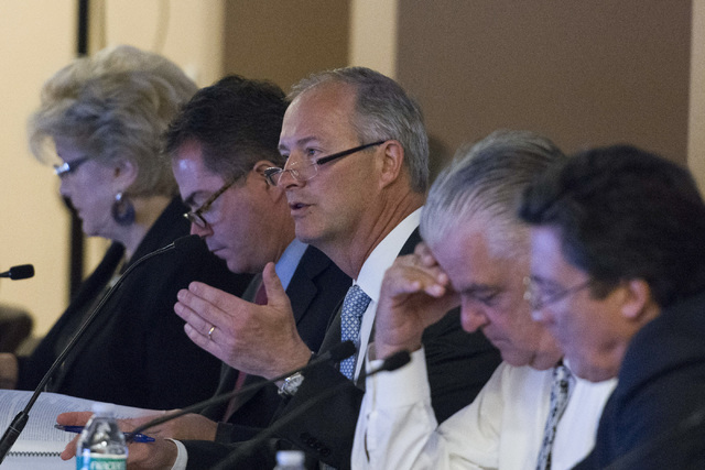 Committee Chairman Steve Hill, center, speaks during a Southern Nevada Tourism Infrastructure Committee meeting at the Stan Fulton Building at UNLV in Las Vegas, Thursday, June 23, 2016. (Jason Og ...