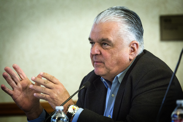 Steve Sisolak, Clark County Commission Cairman, asks a question to Len Jessup, president of UNLV, during the hearing on the proposed new stadium at UNLV on Thursday, March 24, 2016. (Jeff Scheid/L ...