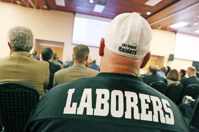 A member of Laborers 872 attends a meeting of the Southern Nevada Tourism Infrastructure Committee at UNLV's Stan Fulton Building Monday, July 11, 2016, in Las Vegas. (Ronda Churchill/Las Vegas Re ...