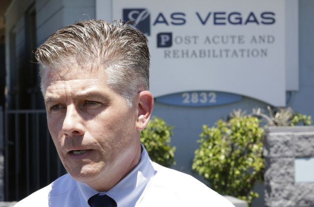 Metro homicide Lt. Dan McGrath speaks to the media outside Las Vegas Post Acute & Rehabilitation where an octogenarian couple died in what police are describing as a murder-suicide on Wednesda ...