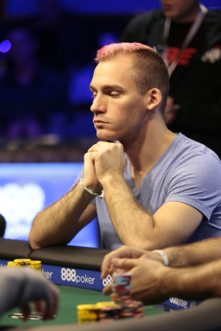 Poker player Justin Bonomo ponders a bet during the $50,000 buy-in Poker Players' Championship at the Rio Convention Center in Las Vegas on Wednesday, July 6, 2016. (Donavon Lockett/Las Vegas Revi ...