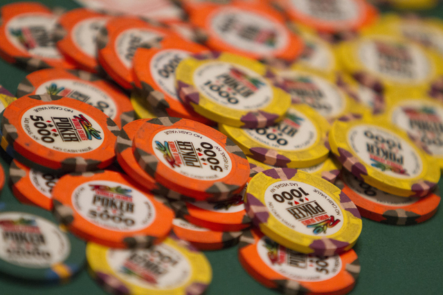 Poker chips are seen on a table during Day 4 of the Main Event of the World Series of Poker at the Rio Convention Center in Las Vegas on Friday, July 15, 2016. Richard Brian/Las Vegas Review-Journ ...