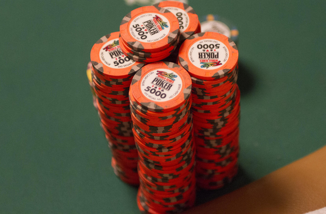 A stack of poker chips is seen on a table during Day 4 of the Main Event of the World Series of Poker at the Rio Convention Center in Las Vegas on Friday, July 15, 2016. Richard Brian/Las Vegas Re ...