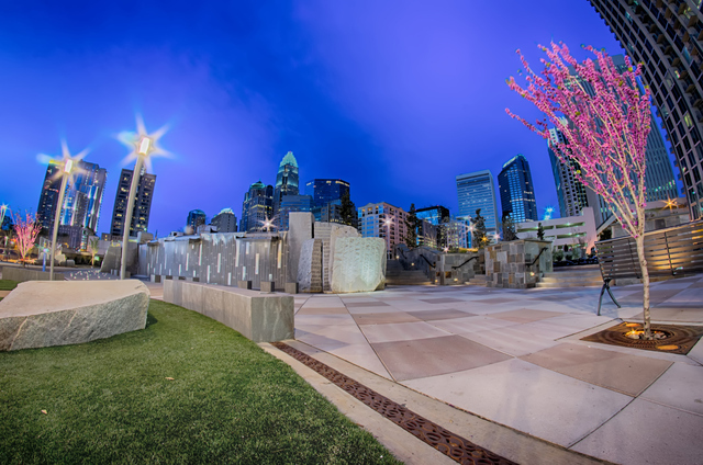 Charlotte skyline at Romare Bearden Park and bbt Knights baseball stadium. (Thinkstock)