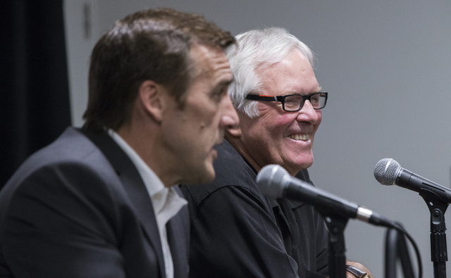 Bill Foley, right,  owner of Las Vegas’ NHL expansion team, answers questions with George McPhee, the team's new general manager, at T-Mobile Arena on Wednesday, July 13, 2016, in Las Vegas. (Be ...