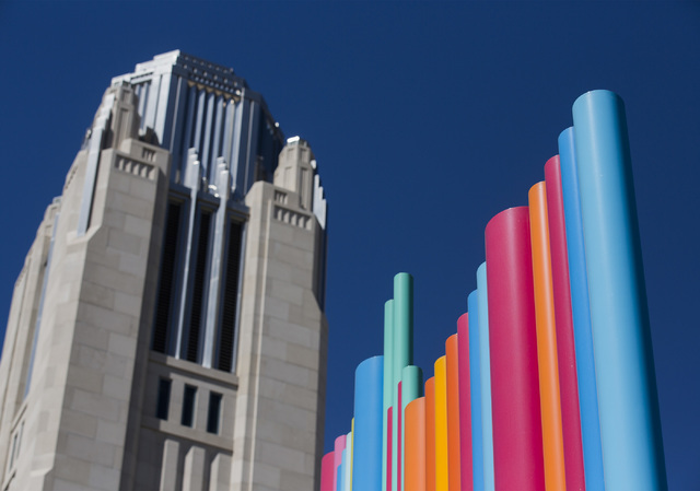 Artist Tim Bavington Pipe Dream art piece with The Smith Center for the Performing Arts is seen in the background on Tuesday, July 12, 2016. Jeff Scheid/Las Vegas Review-Journal Follow @jeffscheid