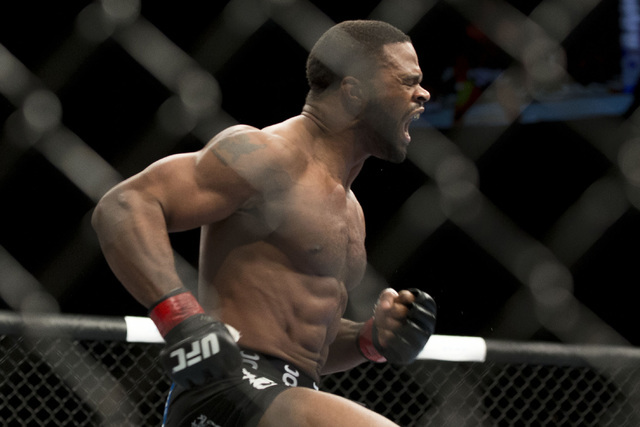Tyron Woodley his first round KO victory over Jay Hieron during their UFC 156 welterweight mixed martial arts match, Saturday, Feb. 2, 2013 at The Mandalay Bay Resort & Casino in Las Vegas. (E ...