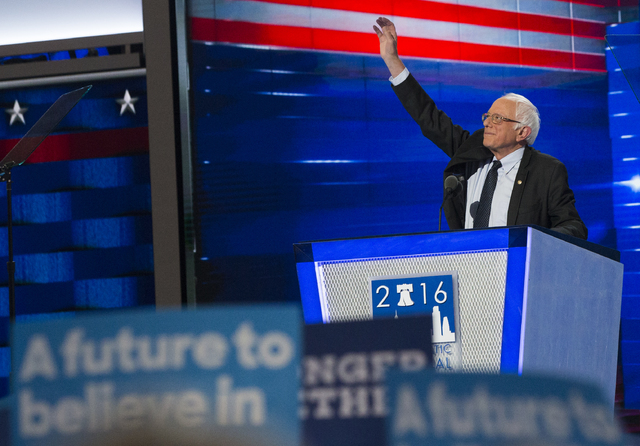 Senator Bernie Sanders speaks during the first night of the Democratic National Convention at the Wells Fargo Building on Monday, July 25, 2016, in Philadelphia, Pa. Benjamin Hager/Las Vegas Revie ...