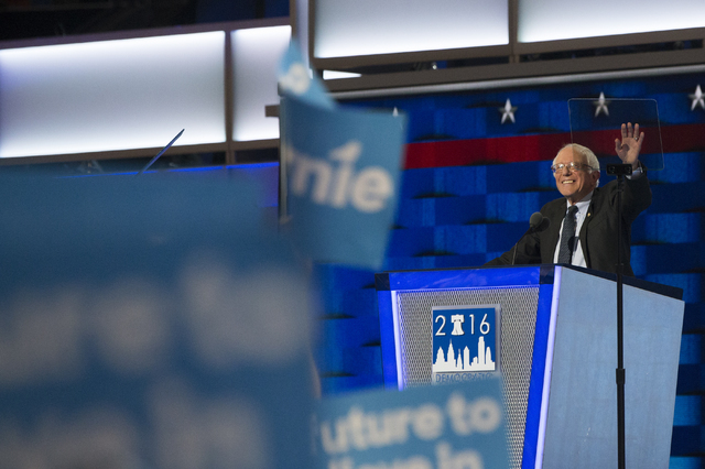 Senator Bernie Sanders speaks during the first night of the Democratic National Convention at the Wells Fargo Building on Monday, July 25, 2016, in Philadelphia, Pa. Benjamin Hager/Las Vegas Revie ...