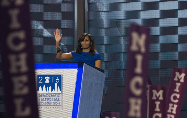 Michelle Obama speaks during the first night of the Democratic National Convention at the Wells Fargo Building on Monday, July 25, 2016, in Philadelphia, Pa. Benjamin Hager/Las Vegas Review-Journal)