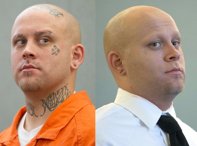 Bayzle Morgan appears before Judge Richard Scotti at the Regional Justice Center in Las Vegas on July 21, 2016, left, and after a courtroom makeup artist covered his tattoos with makeup for his tr ...