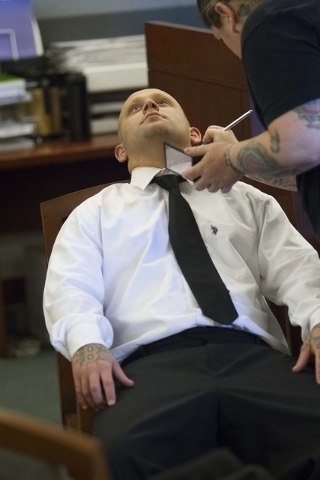 Bayzle Morgan appears before Judge Richard Scotti at the Regional Justice Center in Las Vegas on July 21, 2016, left, and after a courtroom makeup artist covered his tattoos with makeup for his tr ...