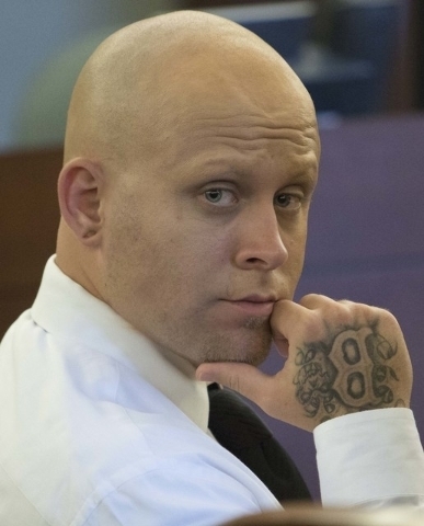 Bayzle Morgan appears before Judge Richard Scotti at the Regional Justice Center in Las Vegas on July 21, 2016, left, and after a courtroom makeup artist covered his tattoos with makeup for his tr ...
