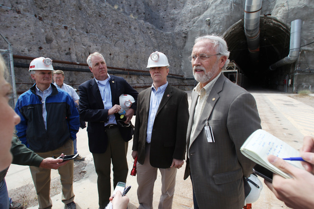 From left, U.S. Reps. Bob Latta, R-Ohio, John Shimkus, R-Ill, Jerry McNerney, D-Calif., and Dan Newhouse, R-Wash., speak to members of the media after a congressional tour of the Yucca Mountain ex ...