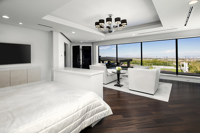 The master bedroom can be found on the second level of the three-floor master suite with views of the Strip. (Courtesy of Shapiro & Sher Group)