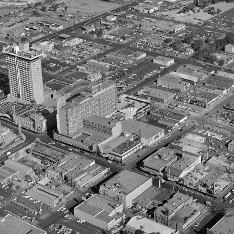 An aerial view of Binion's Horseshoe hotel-casino is seen on Fremont Street in downtown Las Vegas in this Las Vegas News Bureau file photo from Oct. 23, 1965. Photo/Las Vegas News Bureau