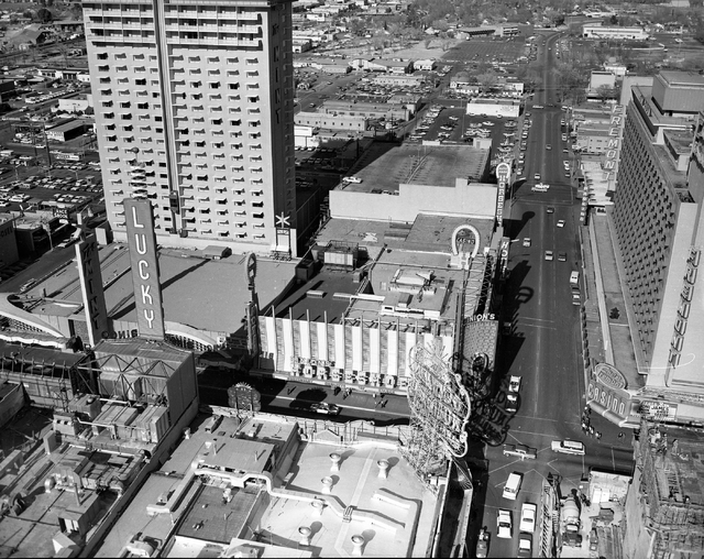 An aerial view of Binion's Horseshoe, Fremont, Golden Nugget hotel-casinos are seen on Fremont Street in downtown Las Vegas in this Las Vegas News Bureau file photo from Feb. 11, 1966. Photo/Las V ...