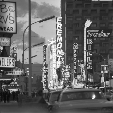 Fremont Street stops including Fremont, Horseshoe and Mint hotel-casinos, along with Trader Bills and El Portal, are seen downtown Las Vegas in this Las Vegas News Bureau file photo from March 8,  ...
