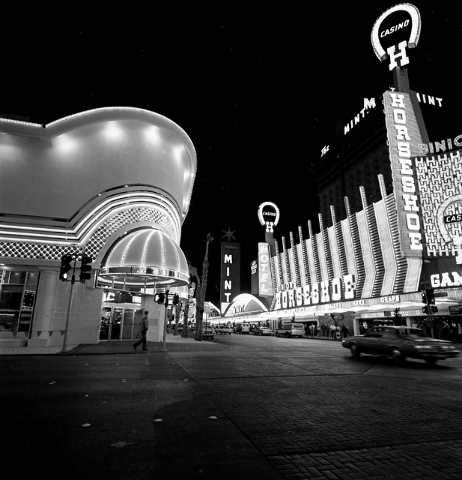 The Golden Nugget and Horseshoe hotel-casinos are seen on Fremont Street in downtown Las Veas in this Las Vegas News Bureau file photo from Jan. 4, 1985. Photo/Las Vegas News Bureau
