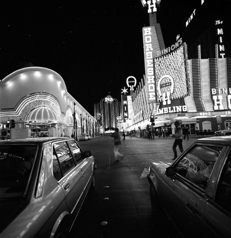 The Golden Nugget, Horseshoe and Union Plaza hotel-casinos are seen on Fremont Street in downtown Las Vegas in this Las Vegas News Bureau file photo from Jan. 4, 1985. Photo/Las Vegas News Bureau