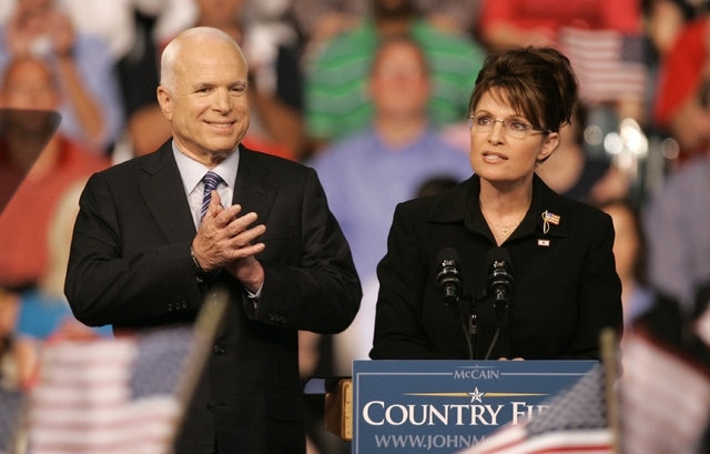 Republican Alaska Gov. Sarah Palin, right, delivers a speech as Republican presidential candidate, Sen. John McCain, R-Ariz., introduces her as his vice presidential running mate at Wright State U ...