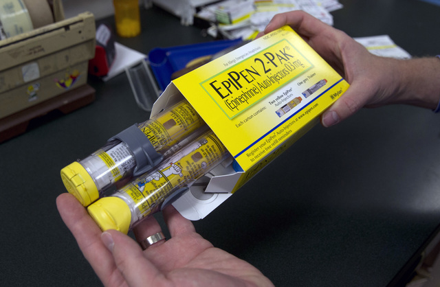 In this July 8, 2016, file photo, a package of EpiPens, an epinephrine autoinjector for the treatment of allergic reactions is displayed in Sacramento, Calif. (Rich Pedroncelli, File/AP)