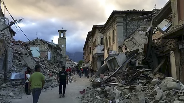This still image taken from video shows the center of Amatrice, central Italy, where a 6.1 earthquake struck just after 3:30 a.m., Wednesday, Aug. 24, 2016.  (AP Photo)