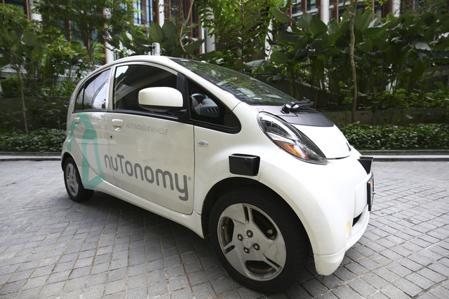 An autonomous vehicle is parked for its test drive in Singapore Wednesday, Aug. 24, 2016. The world’s first self-driving taxis, operated by nuTonomy, an autonomous vehicle software startup, will ...