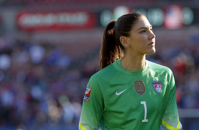 In this Feb. 13, 2016, file photo, United States goalie Hope Solo walks off the field at half time of a CONCACAF Olympic qualifying tournament soccer match against Mexico in Frisco, Texas. Solo ha ...